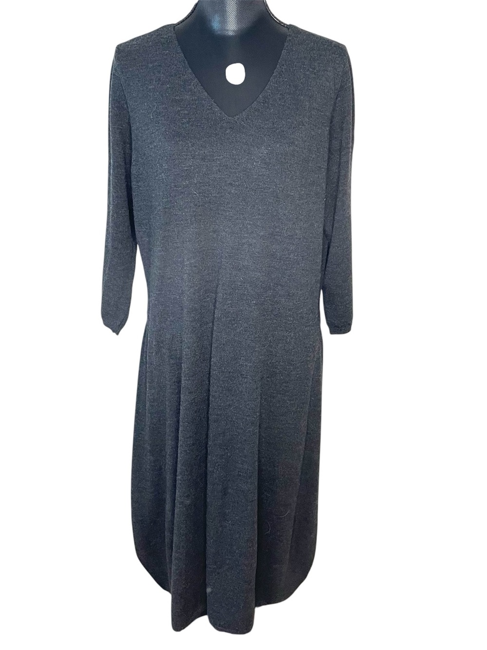 Eileen Fisher Dress Merino Wool V Neck 3/4 Sleeve Midi Charcoal Gray Size XL
